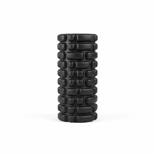 Foam roller negro sobre fondo blanco